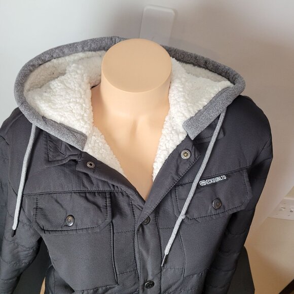 Ecko Unlimited Hooded Puffer Jacket With Faux Sherpa Lining Snap Buttons Gray - Picture 6 of 11